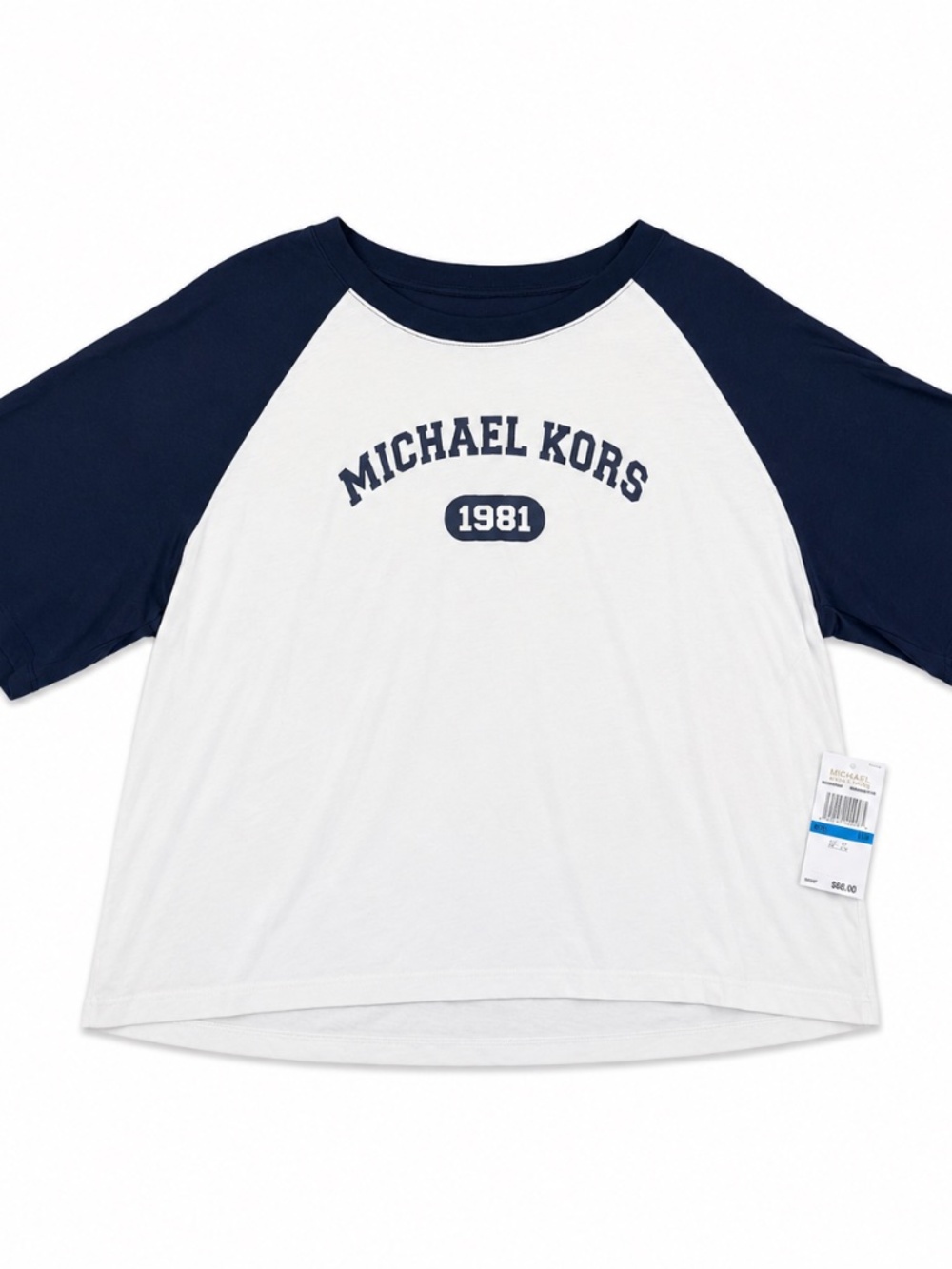 Michael Kors Women's 1X Crop Graphic T-Shirt NWT Navy White Baseball Raglan 1981